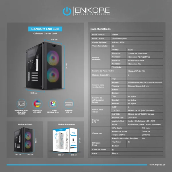 Case Gamer RANDOM ENK 3021 250W 2FAN ARGB 1FAN 8CM ENKORE - Imagen 2