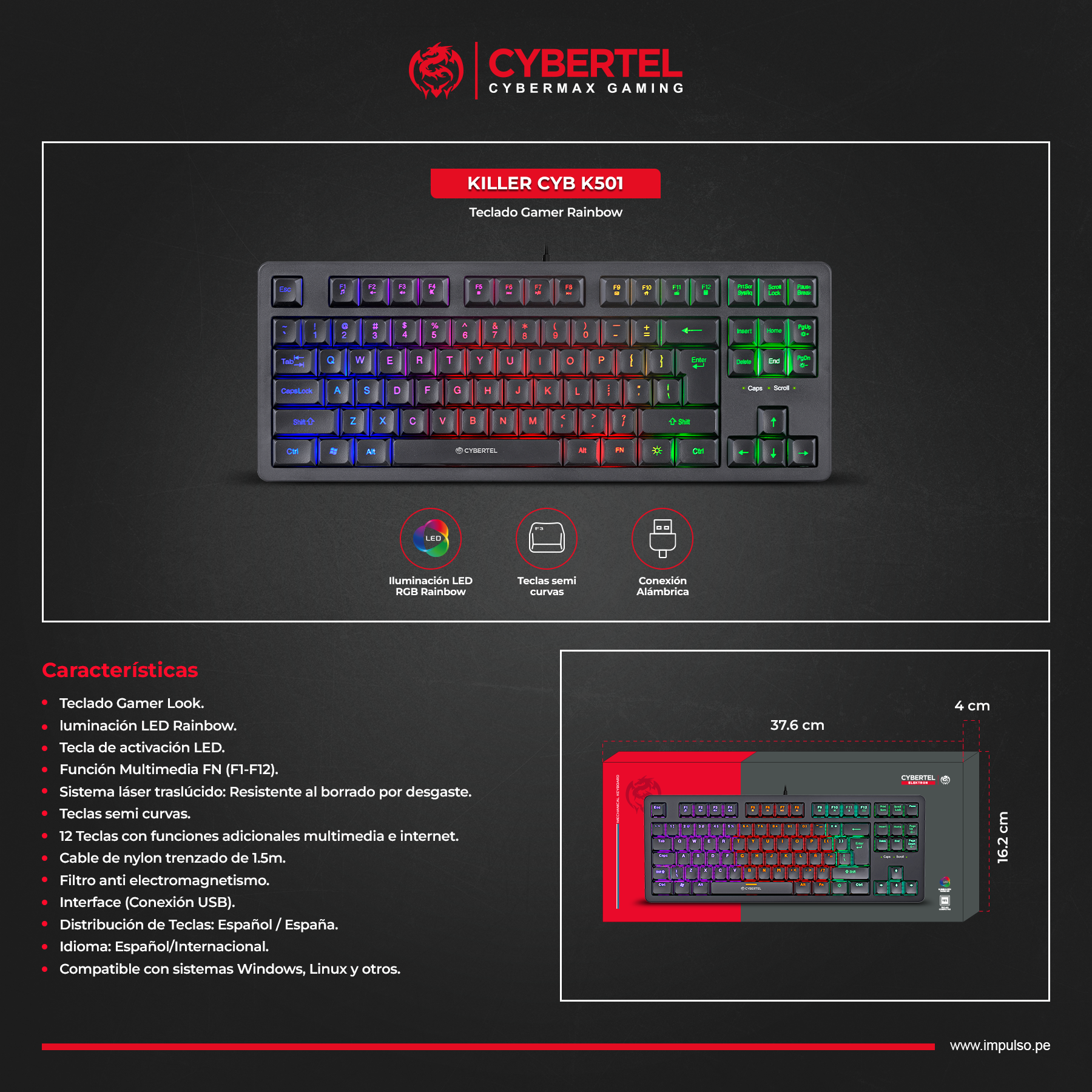 Teclado Gamer USB Killer CYB K501 - Rainbow - Cybertel - Imagen 2