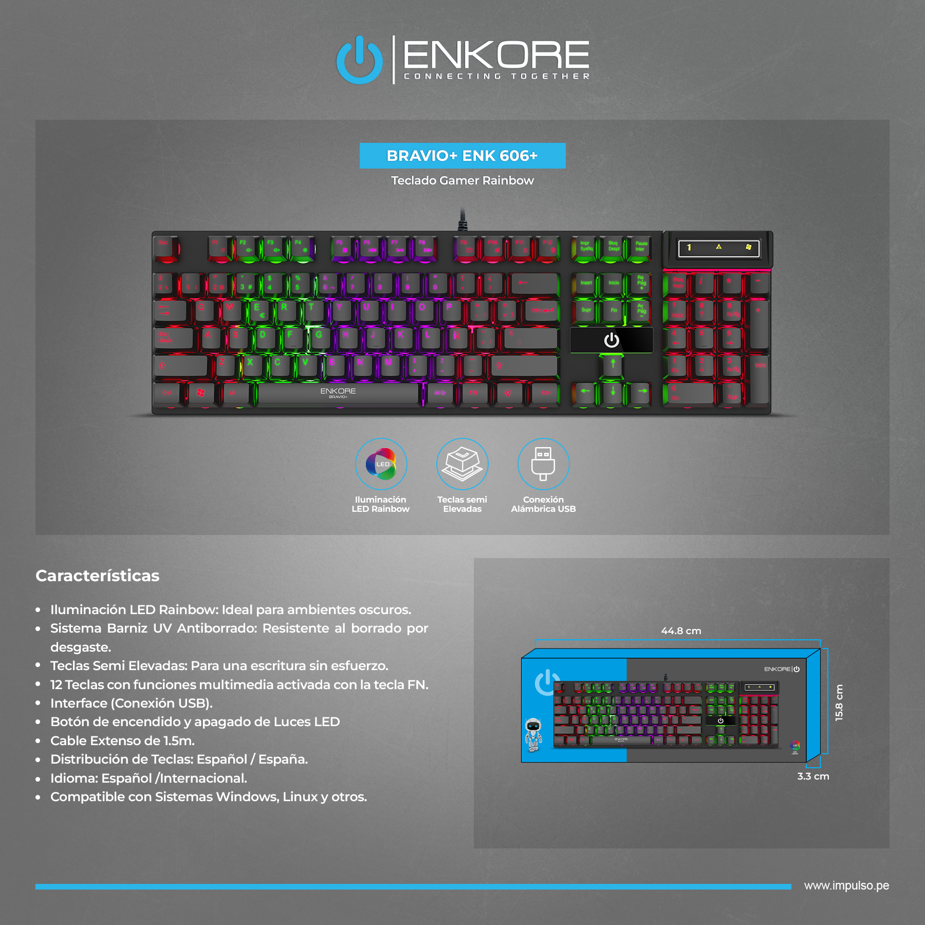 Teclado Gamer Semimecánico Rainbow Enkore Bravio 606+ - Imagen 2