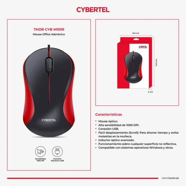 Mouse Office Alámbrico THOR CYB M101 USB Rojo CYBERTEL - Imagen 2