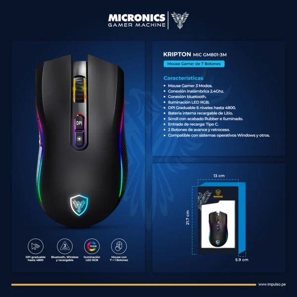 Mouse Gamer Micronics Kripton MIC GM801-3M Inalambrico - Imagen 3