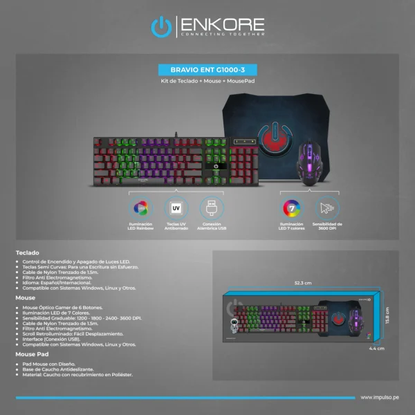 Kit Gamer 3en1 Teclado+Mouse+Pad Enkore Bravio ENT G1000-3 - Imagen 5