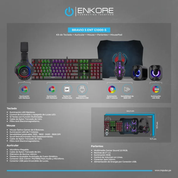 Enkore Bravio 5 - ENT G1000-5 Kit Gamer 5 en 1 con RGB Teclado y Mouse - Imagen 7