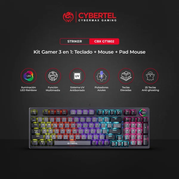 KIT STRIKER BLACK CBX GT1802 TECLADO GAMER MECANICO + MOUSE + PAD - Imagen 7