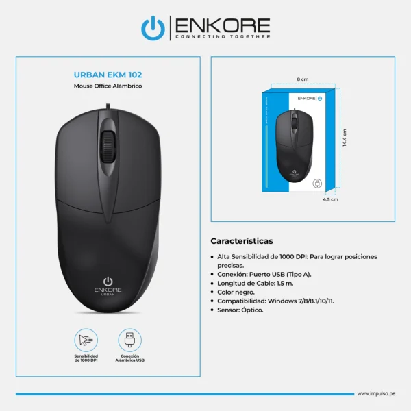 Mouse Alámbrico Enkore Urban - EKM 102 (1000 DPI) - Imagen 2
