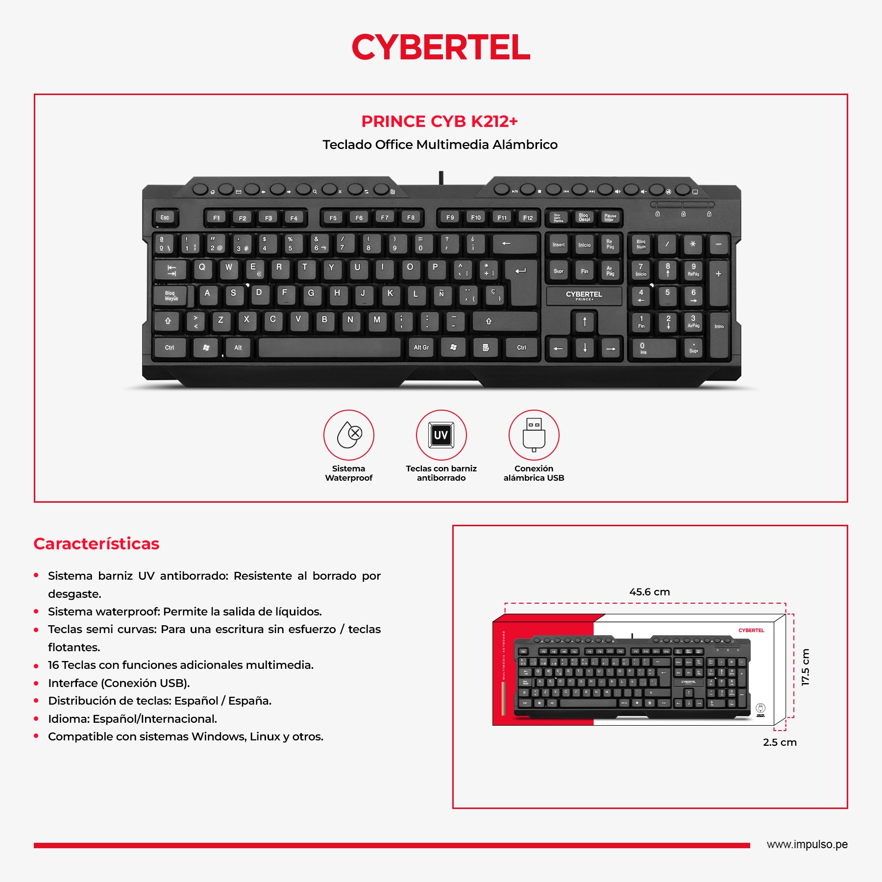 Teclado Multimedia Prince Black CYB K212+ USB Cybertel - Imagen 2