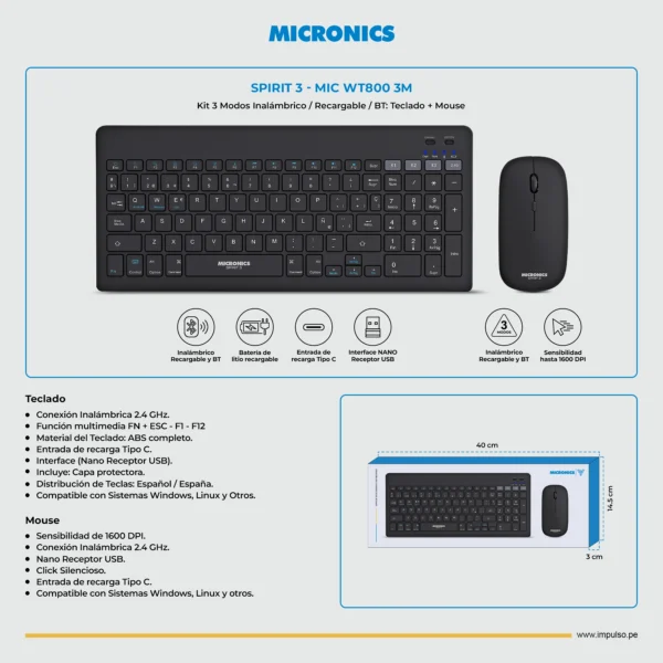 Kit Teclado + Mouse SPIRIT 3 - MIC WT800-3M BLACK - Imagen 4
