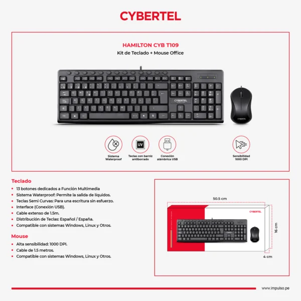 KIT HAMILTON BLACK CYB T109 TECLADO + MOUSE USB CYBERTEL - Imagen 4