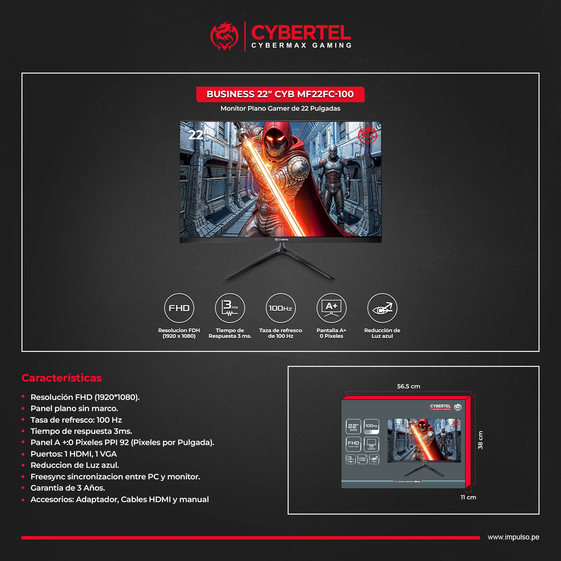 MONITOR 22 PULGADAS 100HZ FHD BUSINESS- CYB MF22FC-100 - Imagen 3