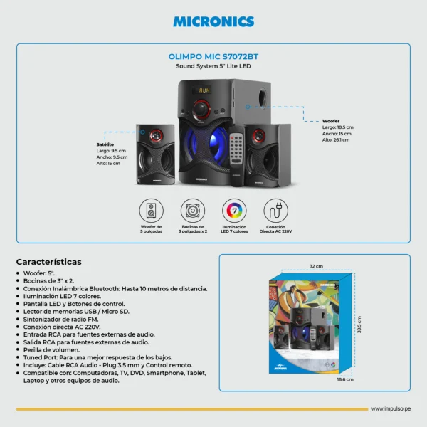 Parlante 2.1 Micronics Olimpo MIC S7072BT Bluetooth, USB, FM - Imagen 4