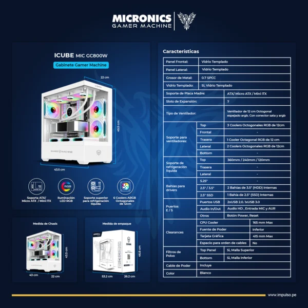 GABINETE GAMER RGB MICRONICS ICube - MIC GC800-6W - Imagen 2
