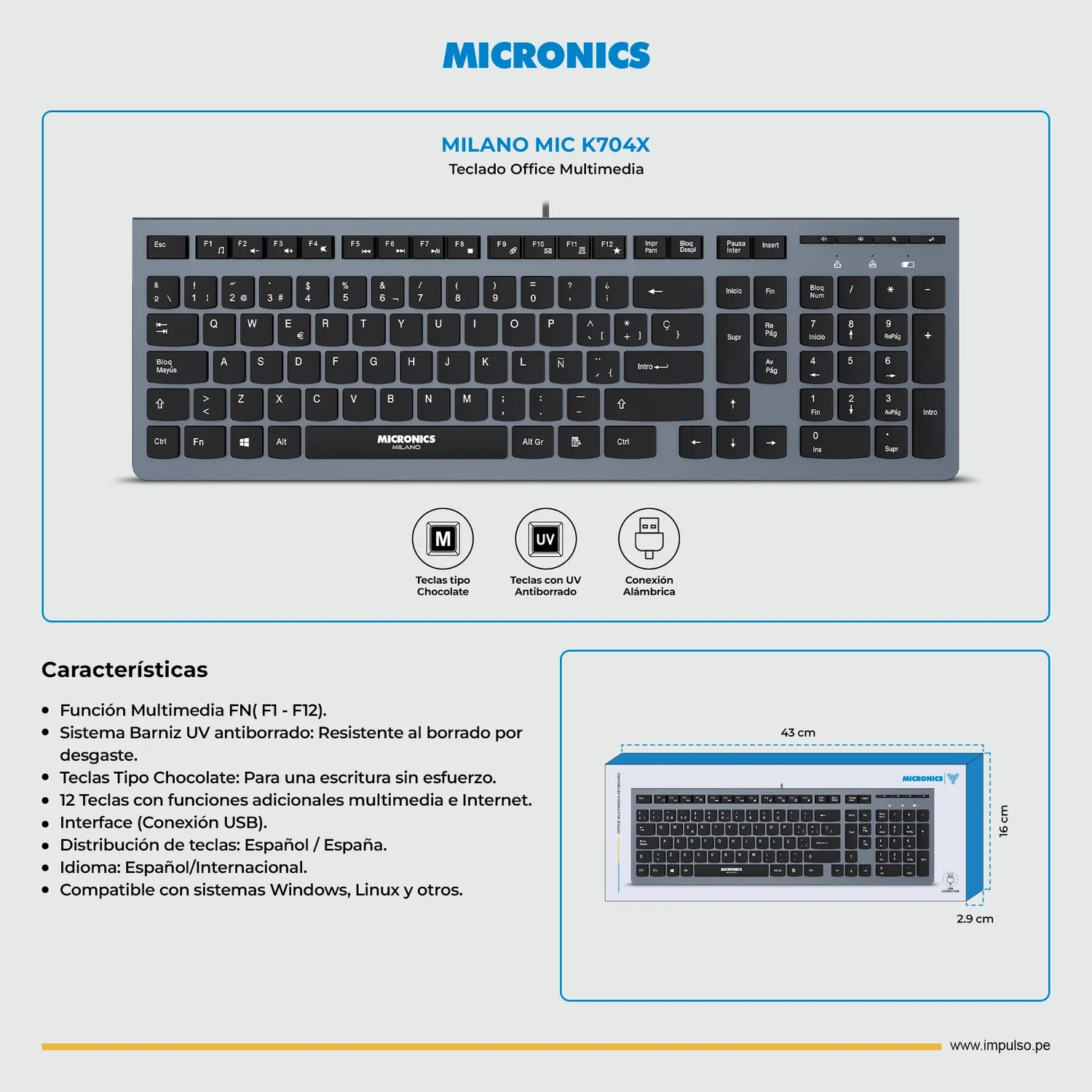 TECLADO USB MICRONICS MILANO MIC K704X MULTIMEDIA - Imagen 3