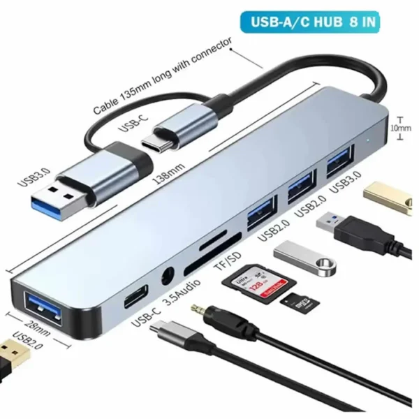 Adaptador Hub 8 en 1Tipo C Lector de tarjetas SD TF 3,5