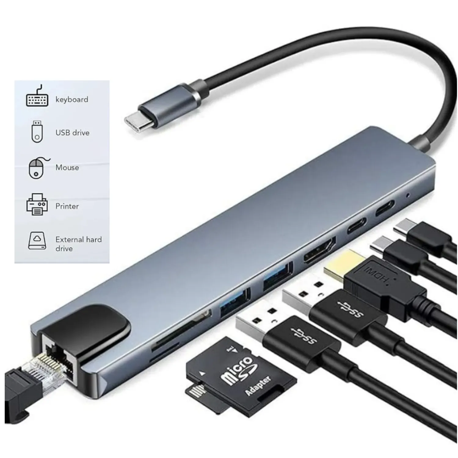 Adaptador Hub 8 En 1 Tipo C, Ethernet, Hdmi, Usb, Sd, Td