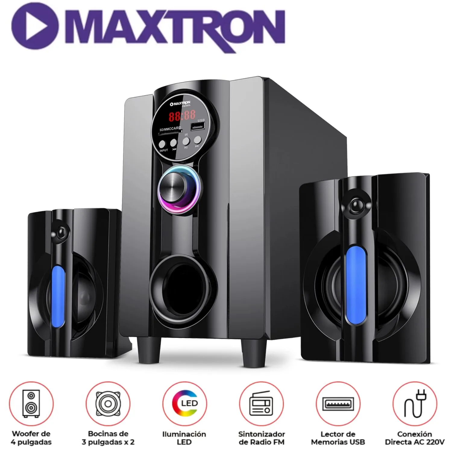 Parlante Maxtron MAX S202 Zenith USB BT AUX Iluminación LED